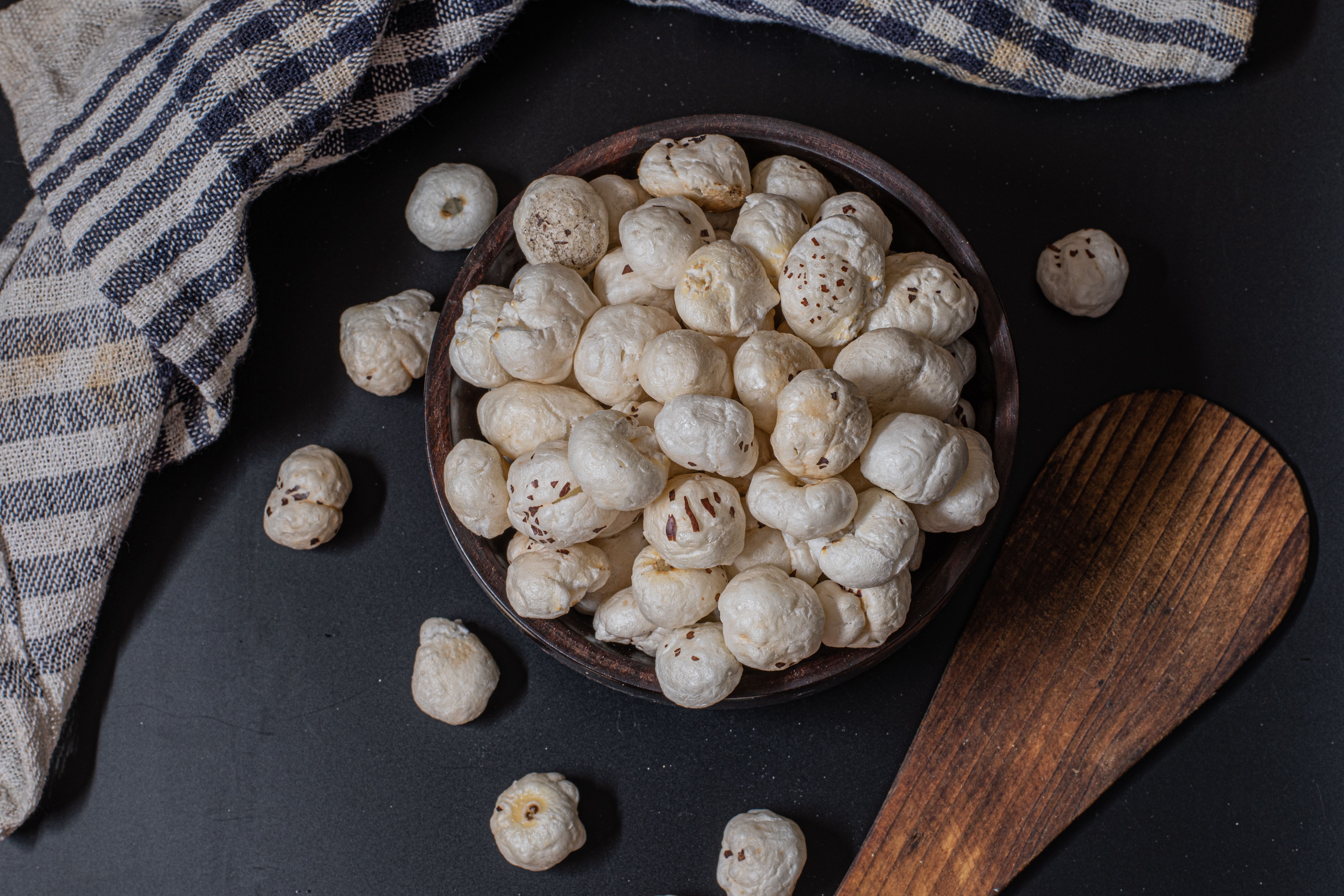 Puffed makhana in a rustic bowl
